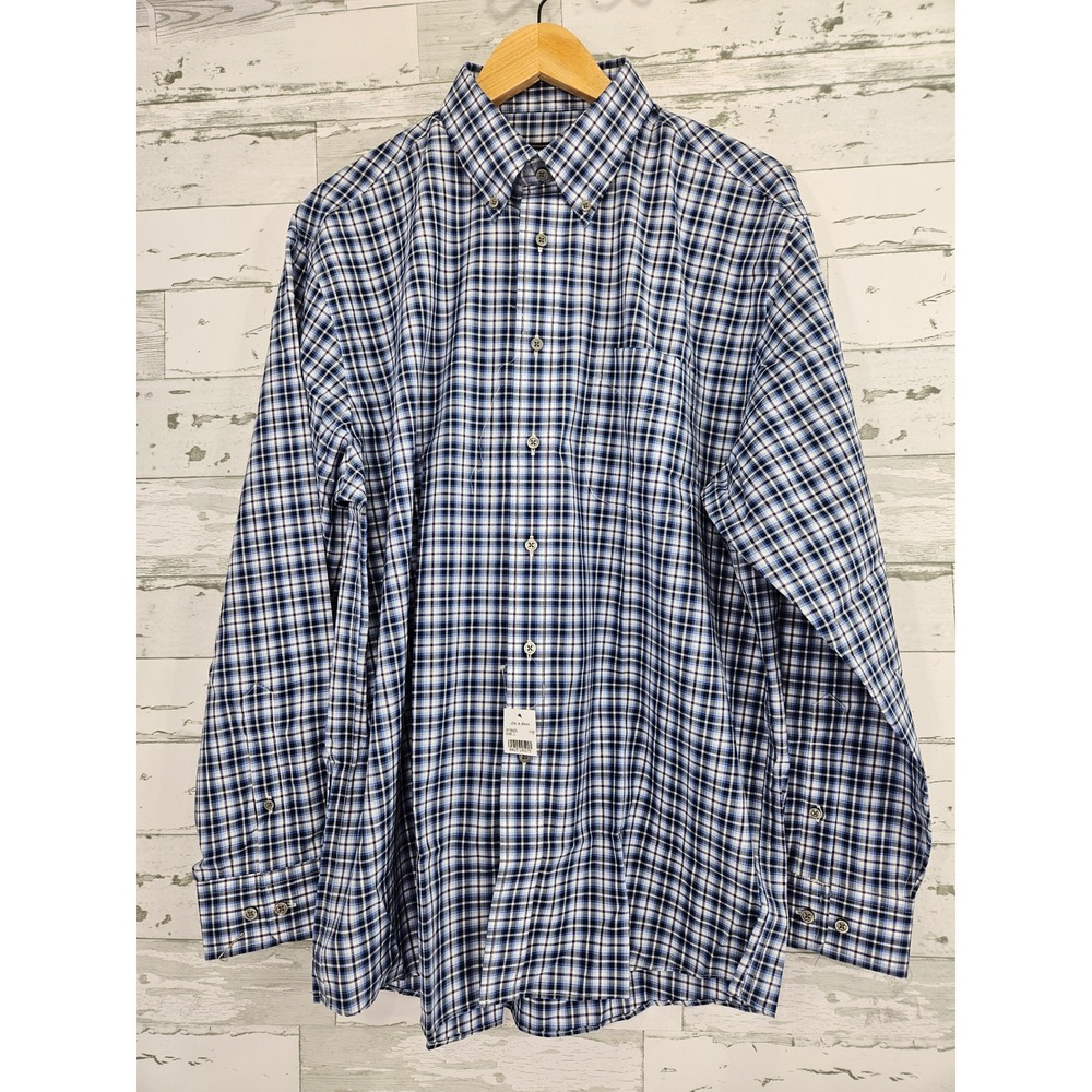 Jos A Bank Traveler Shirt Mens Large Blue White Plaid Traditional Fit Cotton